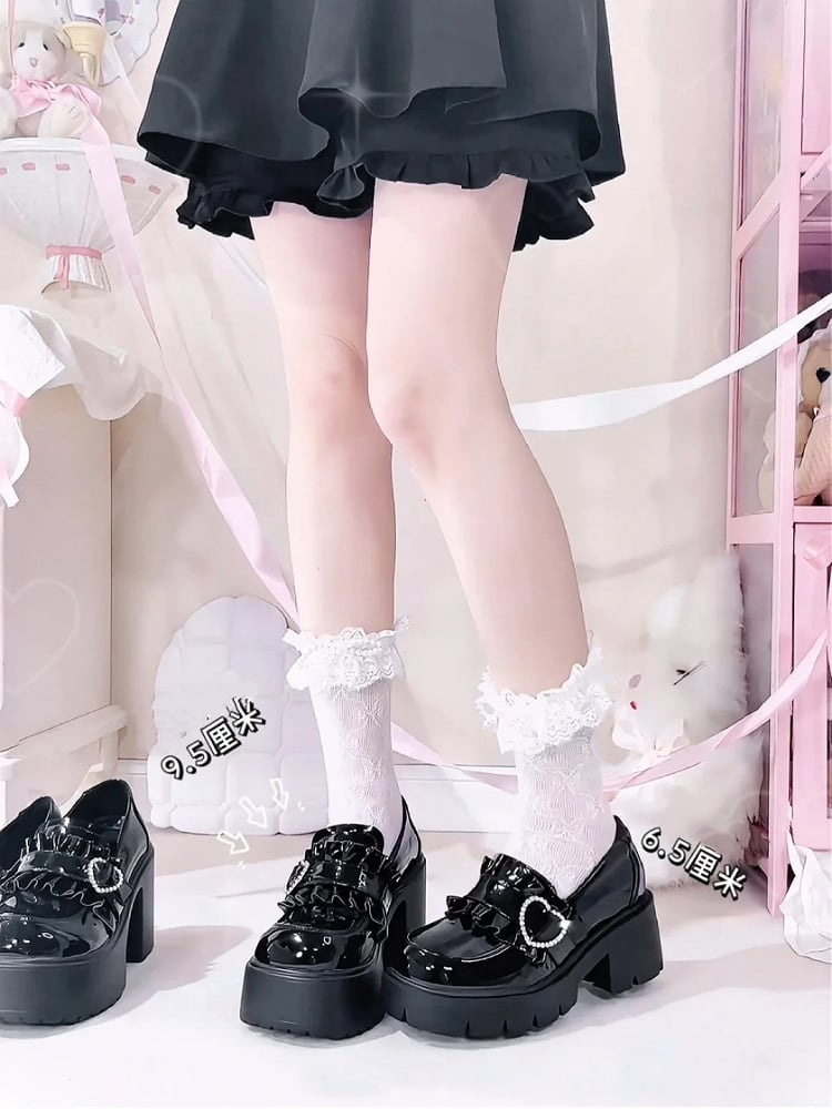 Kei Black Shoes Loafers Sweetheart Platform 6.5cm with Heel Polished Jirai Chunky Beaded