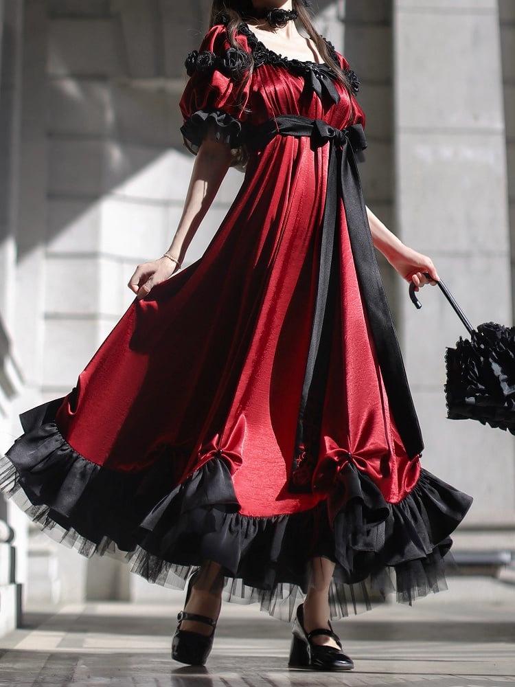 レッドエンパイアウエストマキシドレス ビーズディテール エレガントロリータ