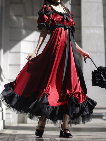 レッドエンパイアウエストマキシドレス ビーズディテール エレガントロリータ