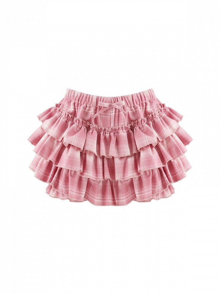 Dark Pink Plaid Tiered Skirt with Shorts - serendipity