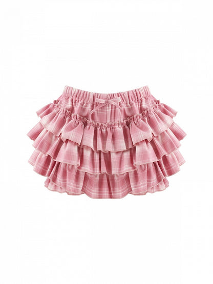 Dark Pink Plaid Tiered Skirt with Shorts - serendipity