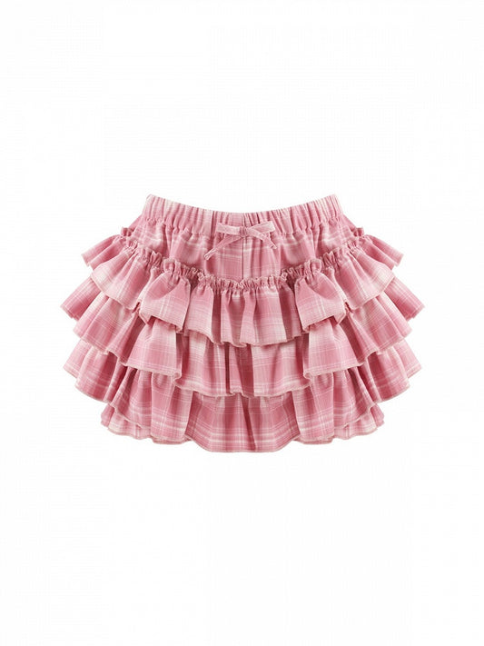 Dark Pink Plaid Tiered Skirt with Shorts - serendipity