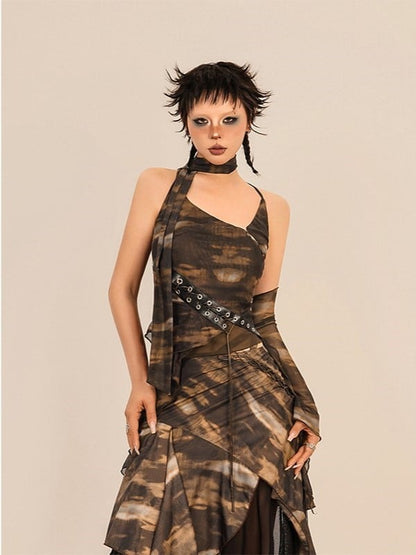 Crop Coffee Hem with Tank Fringe Matching Sleeve Tie-Dye