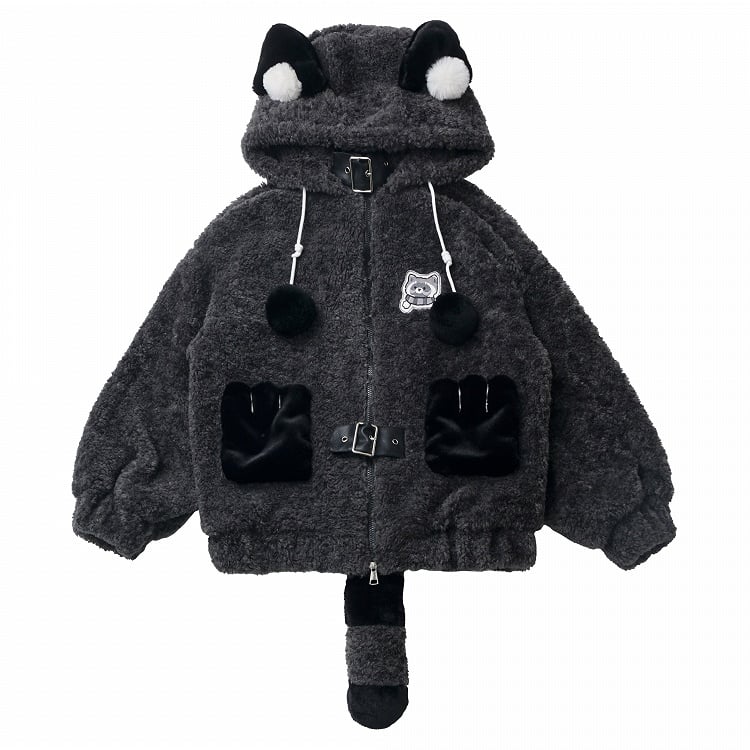 Front product view of PINK SAVIOR gray coat with ear hood, buckle straps and detachable tail