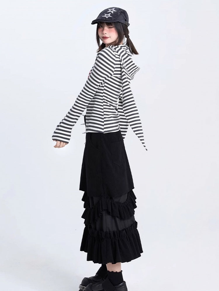 Corduroy Black Ruffle Elegant Hem with Deconstructed A-Line Skirt