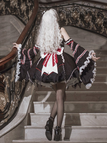 Black and Red Halter Neck Cthulhu Vibes Lolita Dress with Detachable Bell Sleeves