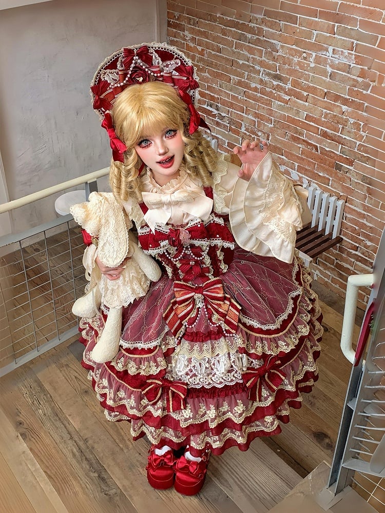 Kleid Kette Rot Wunderschöne Perle Prinzessin Ausschnitt Lolita Blume Schleife