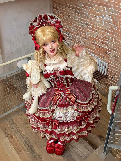 Kleid Kette Rot Wunderschöne Perle Prinzessin Ausschnitt Lolita Blume Schleife