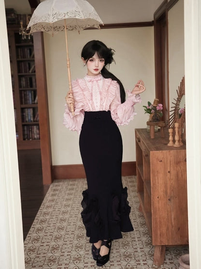 Pink Long Sleeve Blouse & Black Mermaid Skirt Boned Waist Lolita Dress - With PUJI
