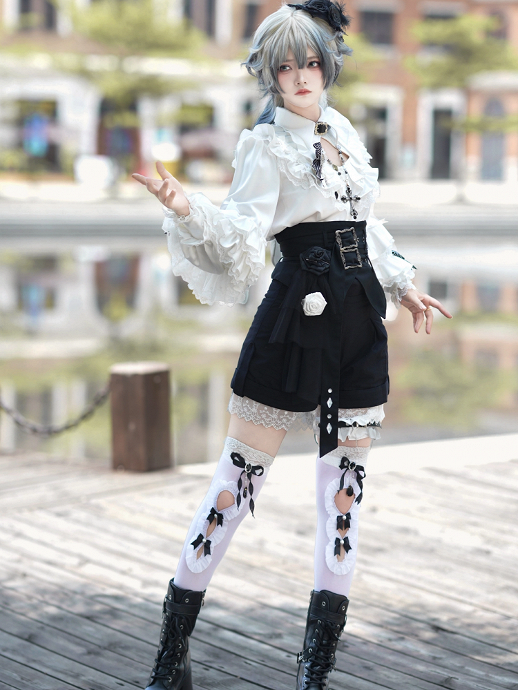 Lolita High-low Skirt Outfit Vibes Black Belt Ouji Shorts Circus Print + Shirt Bunny Corset - White