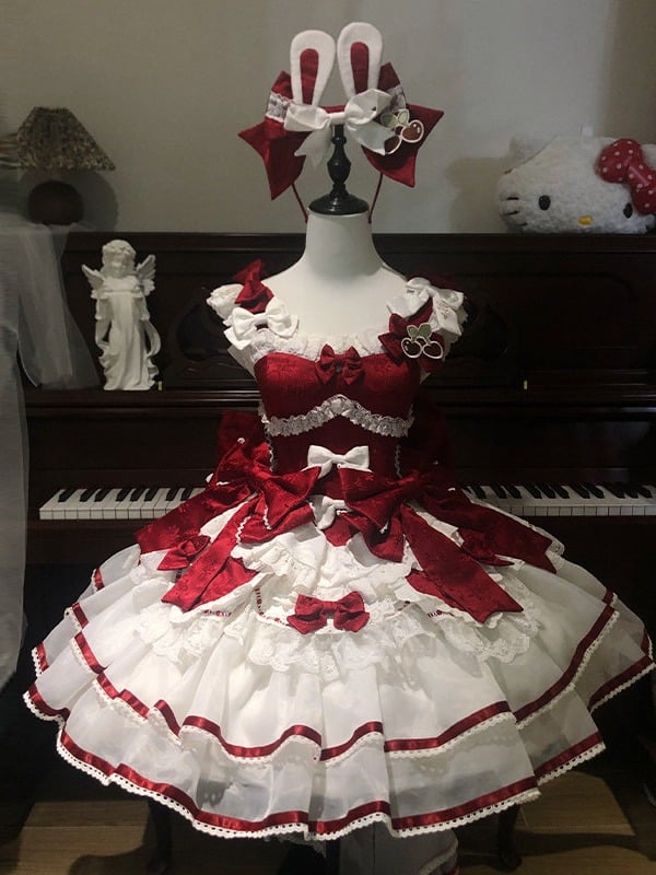 Red Rabbit Theme Lolita Cake JSK Dress KC Train Bow Full Set - Sweet Dream