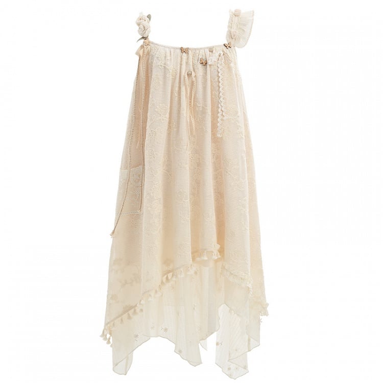 and Butterfly Accents Apricot Jacquard Dress with Tassel Hem Sleeveless Handkerchief Floral Hem