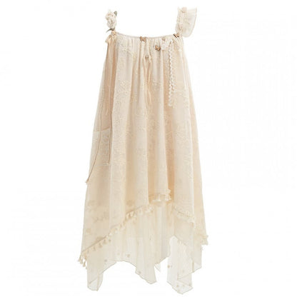 and Butterfly Accents Apricot Jacquard Dress with Tassel Hem Sleeveless Handkerchief Floral Hem
