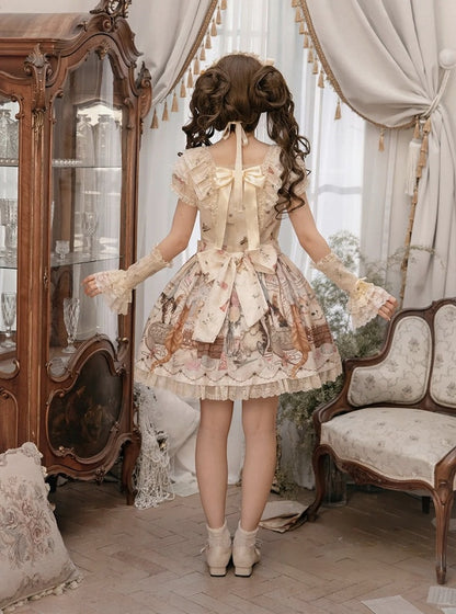 Beige Cat Print Square Neckline Sweet Lolita JSK Dress with Plush Cat Patch - NyaNya