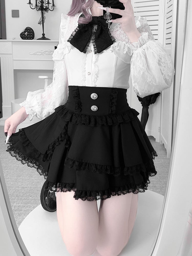 Illusion Neckline Blouse with Bead Details and Rhinestone Buttons Jirai Kei White