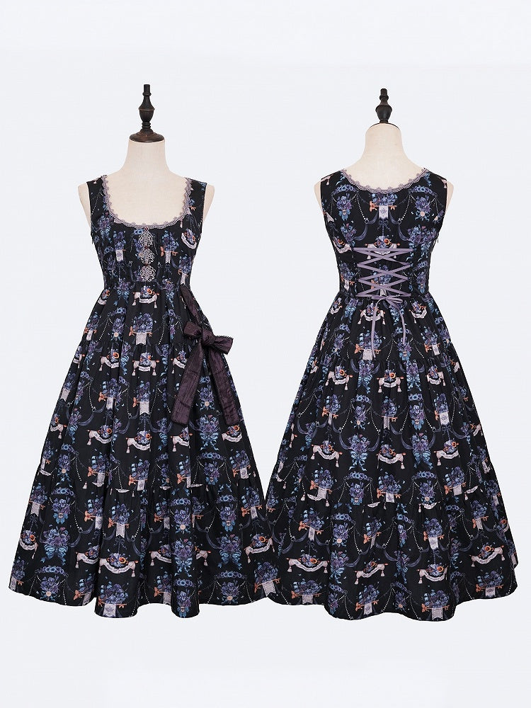 Black-Purple Pansy Print Classic Lolita JSK with Lace Trim