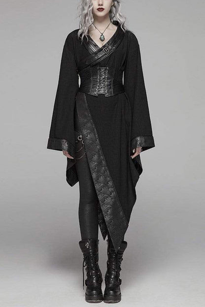 Black V-Neck Metal Buckle Waist Lace-Up Flare Sleeve Wave Print Asymmetric Hem Kimono Punk Dress
