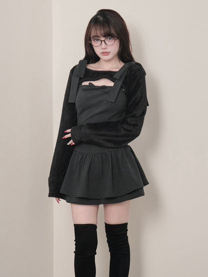 Two-Piece Kei Striped Black Shrug Gray Bow Set + Dress Jirai Dark - Cropped