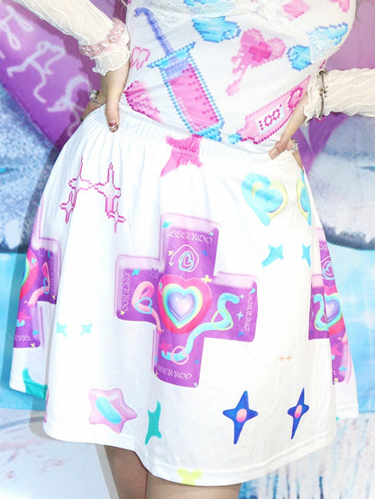 A-Linien-Rock mit Kreuz-Herz-Print und weiß/schwarzem Sternmuster