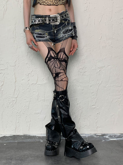 Punk Leg Sleeves with Buckle Straps in Black PU - Bokior