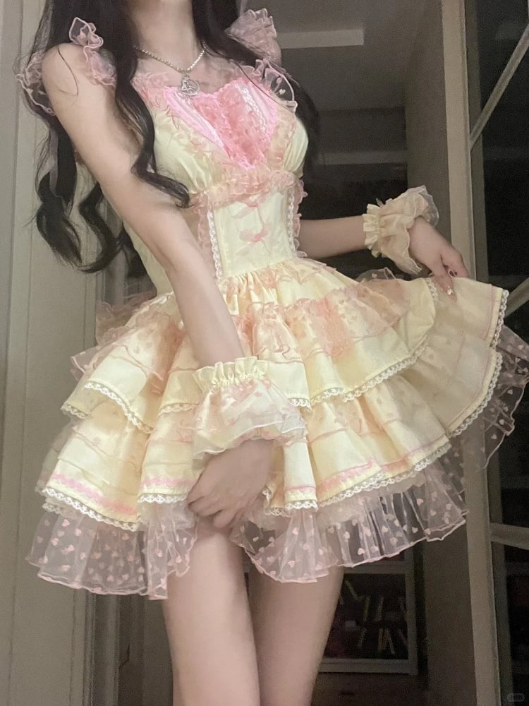 Polka-dot Heart Sweet Ruffled Heart Front Yellow Pink Lolita Dress Pattern