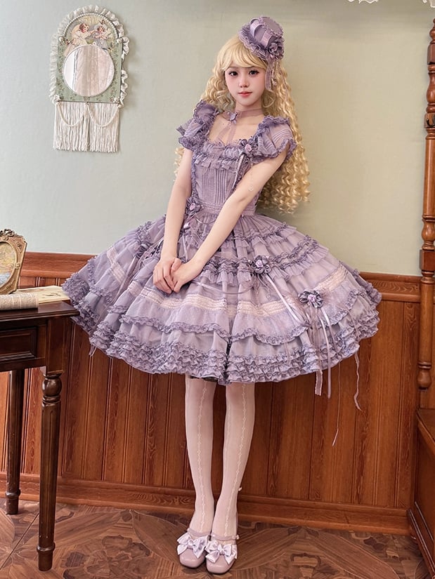 Rüschendetails und Lolita-Besätze Lila Klassisches Plisseekleid Elegant