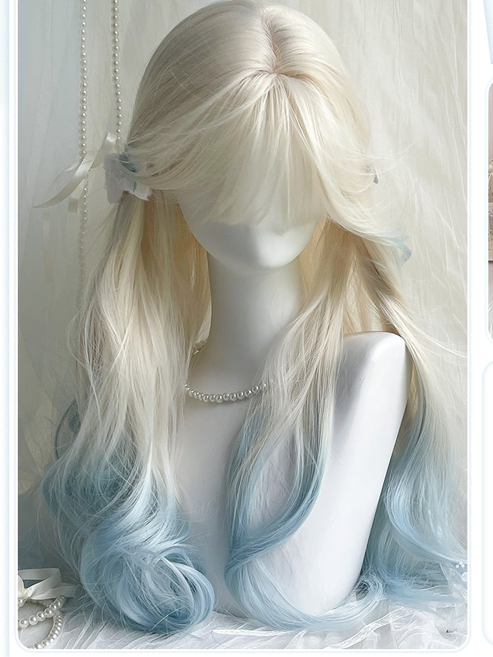 Bangs Blue Wigs Color 70cm Long Wavy Highlight Hair and White Curtain With Bangs/Air