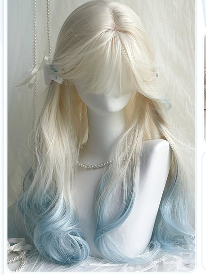 Bangs Blue Wigs Color 70cm Long Wavy Highlight Hair and White Curtain With Bangs/Air