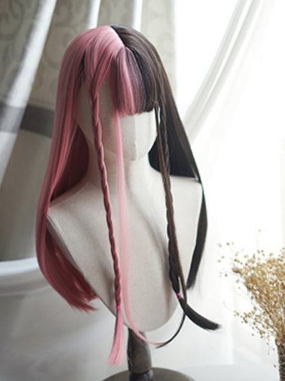 Rosa-schwarze, geteilte, hüftlange, glatte Perücke mit vollem Pony