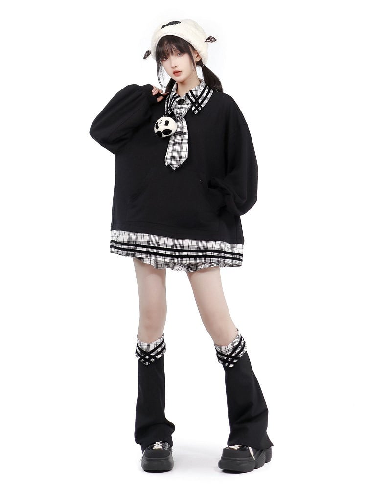 Panda Toy Sweatshirt Black Splicing Plush Plaid with