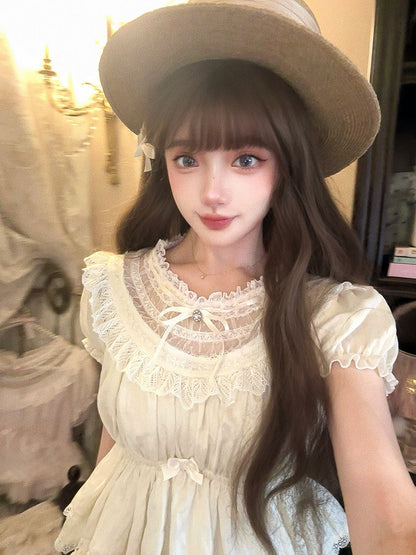 Top Trim Hem Apricot With Lace Sleeves Puff Peplum