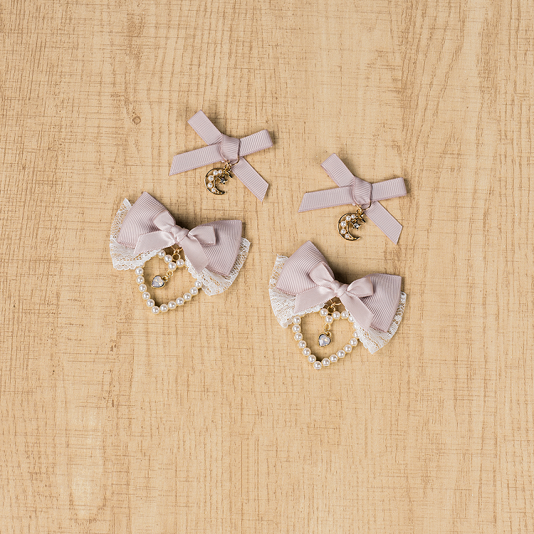 Jirai Kei Dusty Pink Beaded Moon/Heart with Bowknot Hairclips Charm