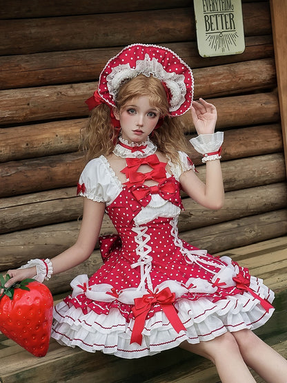 and Puff Dress Dot Sleeves School Polka Lolita Neck with Old Red Accents Halter Bow