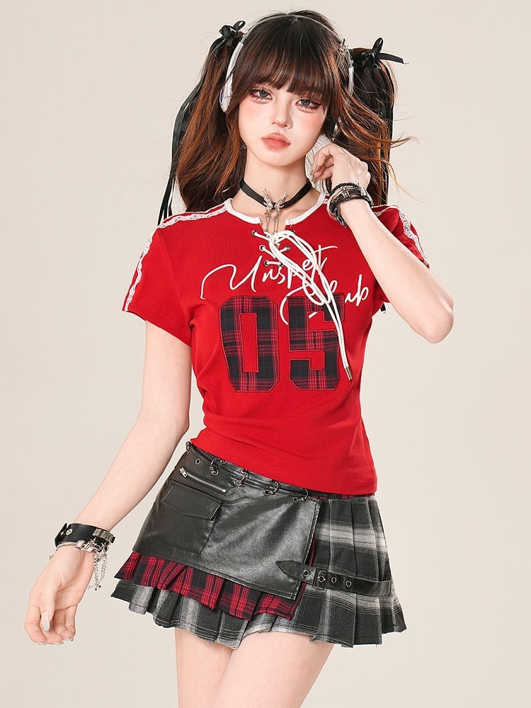 アップリケTシャツ コア チェック柄 レッドディテール レースアップ パターントリム ブロケット レースナンバー