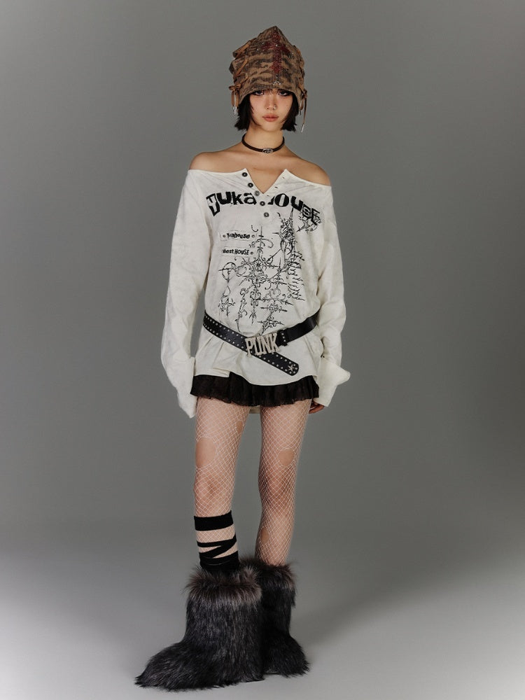 Apricot Off-the-shoulder Graphic Cotton Top Distressed Neckline