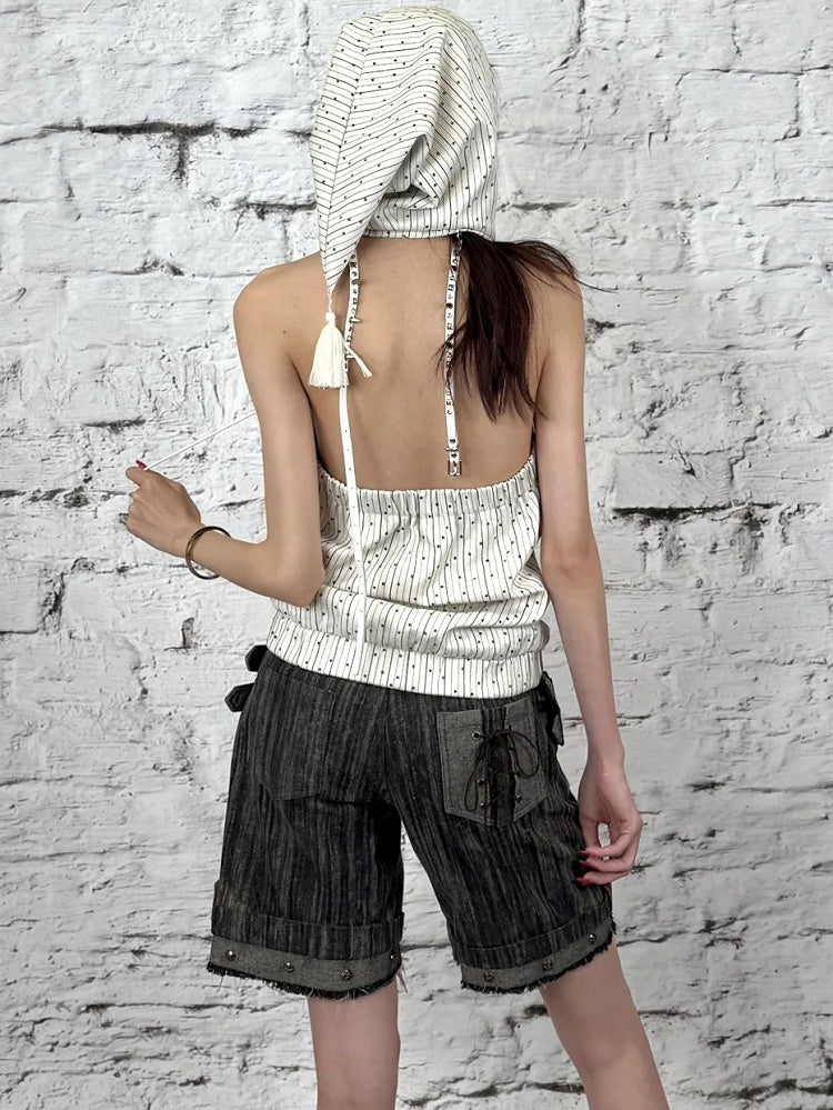 Black Details Shorts Wash Punk Wasteland Decorated Buckle Faded Studs