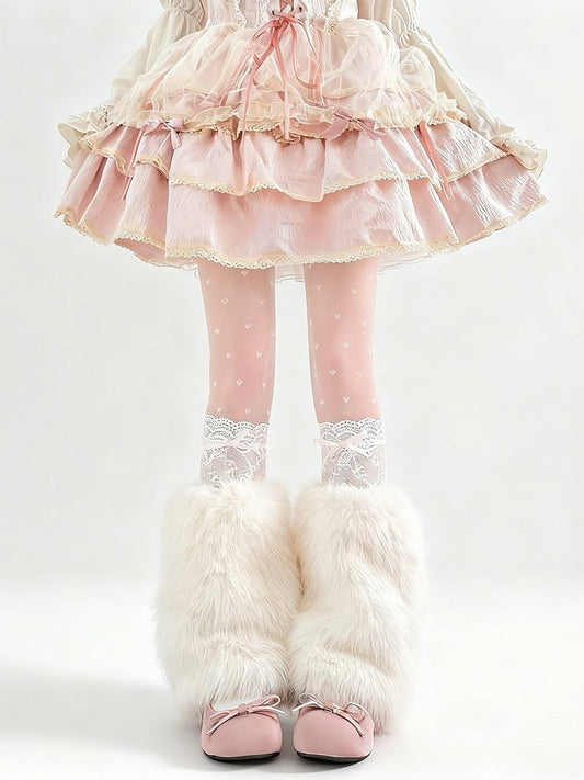 Ribbon Socks Set Warmers Calf Leg Faux Fur Bow +