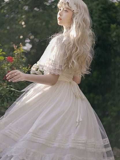 Elegant Vintage White V-Neck Short Sleeve Lolita Dress with Lace Details