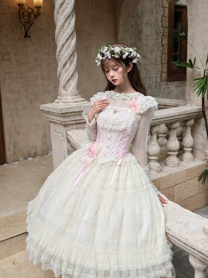 Sweet Lolita Princess Set with Lace, Floral, Pink & White Top & Skirt - Twilight Flower Letter