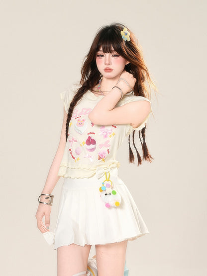 Glamorous Dessert Print Ruffled T-shirt Sweet Trim Pink/Apricot