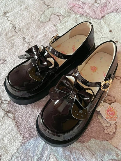 Brown Bear Detachable Buckle Bow Teddy Shoes with - Style Polished PU School Mid-heel