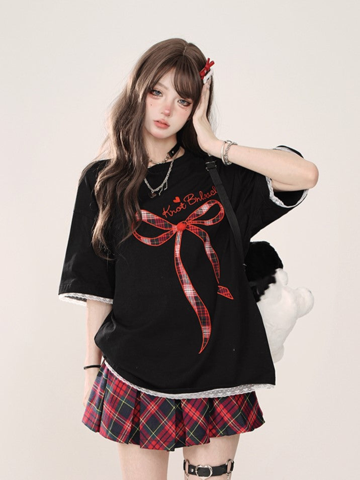 Black Oversized Lace-Trim T-Shirt with Embroidered Lettering  Plaid Bow Accent