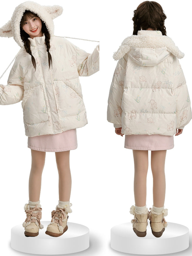 Süße weiße Daunenjacke mit Kapuze und Lamm-Print, kurze/lange Version