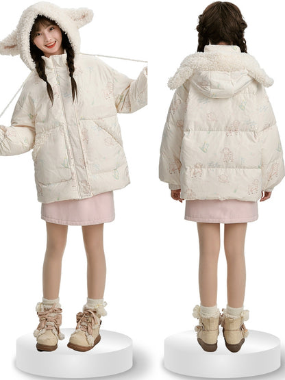 Süße weiße Daunenjacke mit Kapuze und Lamm-Print, kurze/lange Version