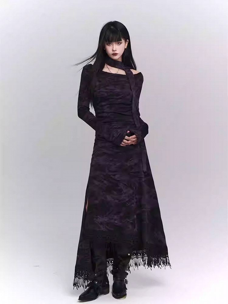 Wasteland Punk Purple Asymmetrical Tassel Hem Side-Slit  Dress