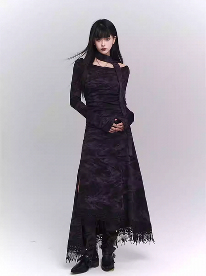 Wasteland Punk Purple Asymmetrical Tassel Hem Side-Slit  Dress