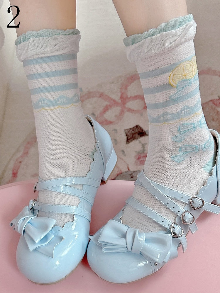 Blaue Rüschensocken Bowknot Print Lolita Lemon Trims Kalb süß