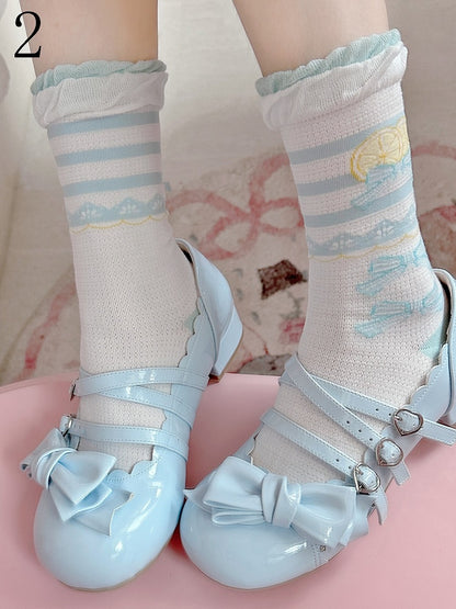 Blaue Rüschensocken Bowknot Print Lolita Lemon Trims Kalb süß