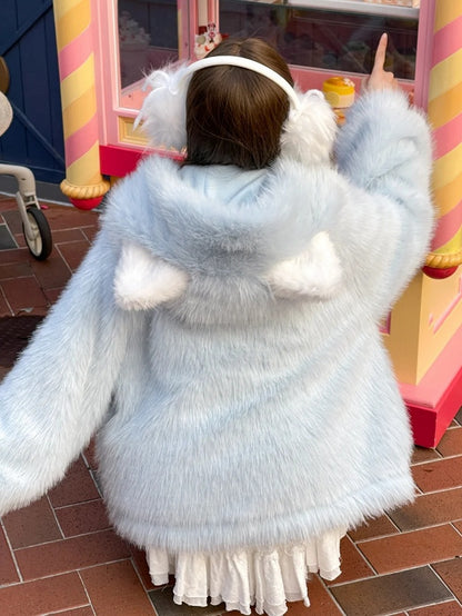 Blauer flauschiger Kunstpelzmantel mit Katzenohren und Kapuze, abnehmbares Katzenplüschtier