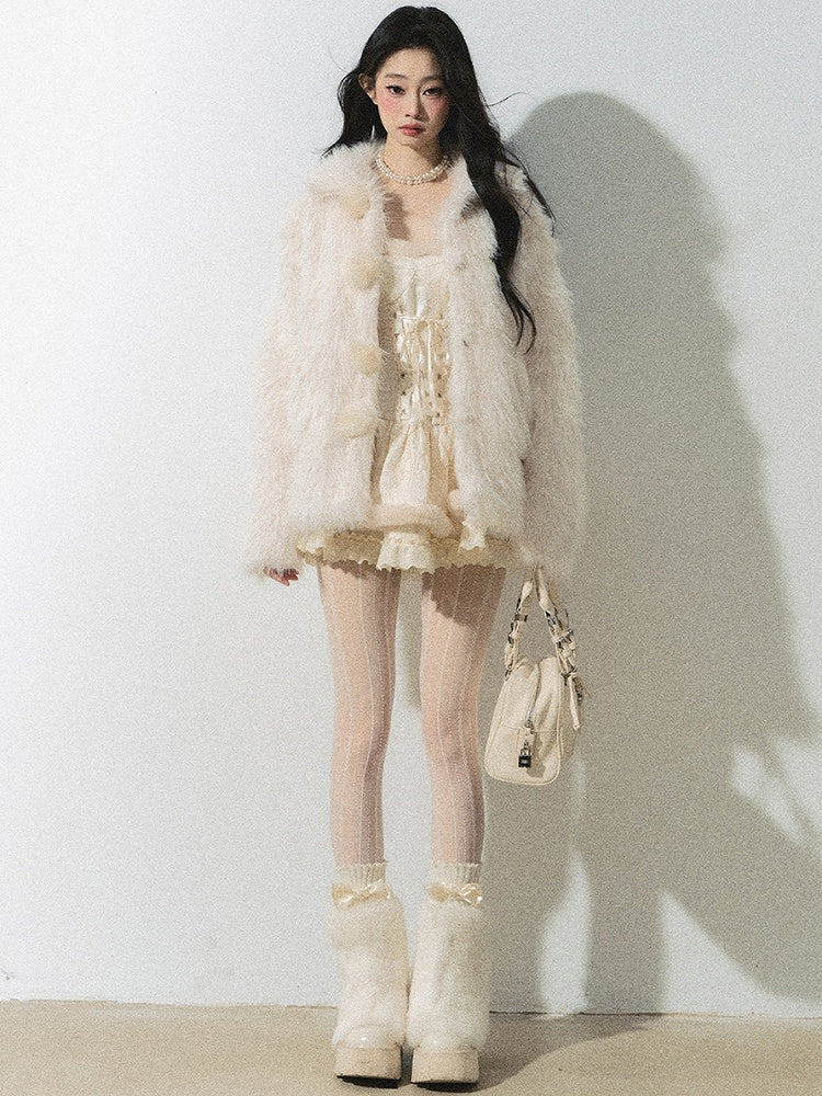 アプリコットのレースアップティアードスカートロングスリーブドレス